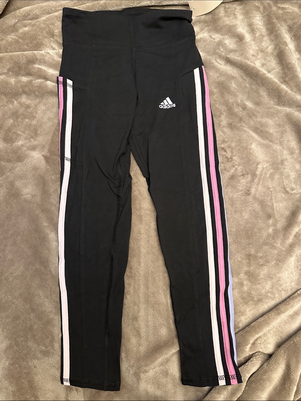 Adidas Kids Black Leggings with Pink & White Side Stripes